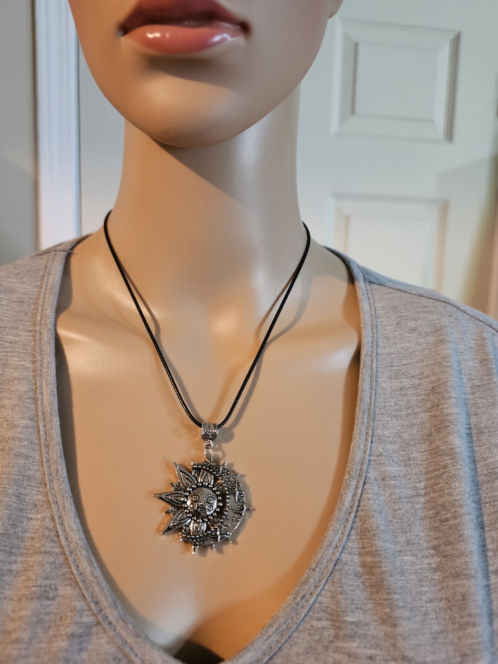 Silver Sun & Moon Pendant Necklace on Black Cord